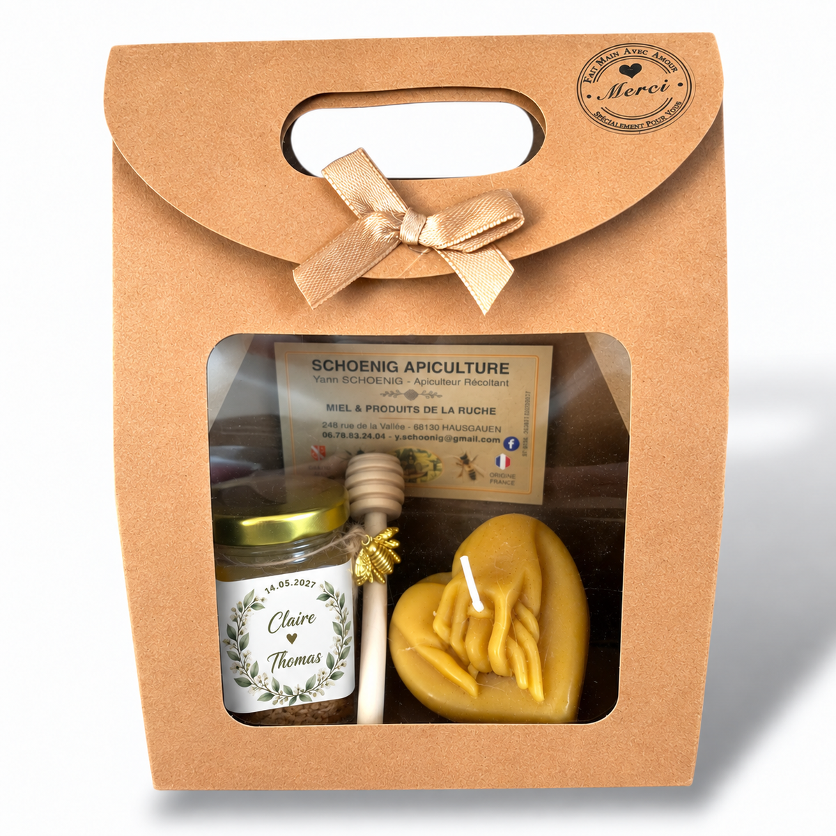 Coffret cadeau mariage personnalisé avec miel artisanal, cuillère à miel et bougie cœur en cire d'abeille