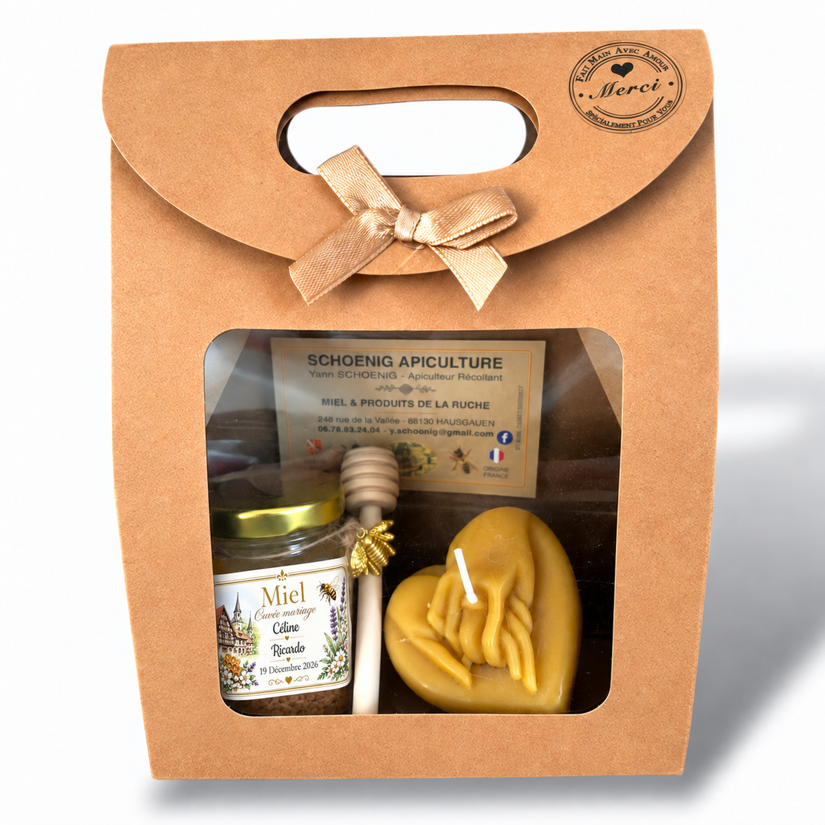 Coffret cadeau mariage personnalisé avec pot de miel, bougie cœur en cire d'abeille et cuillère à miel