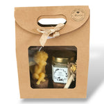 Coffret cadeau invité avec message merci comprenant miel personnalisé et bougie en cire d’abeille, souvenir original baptême ou naissance