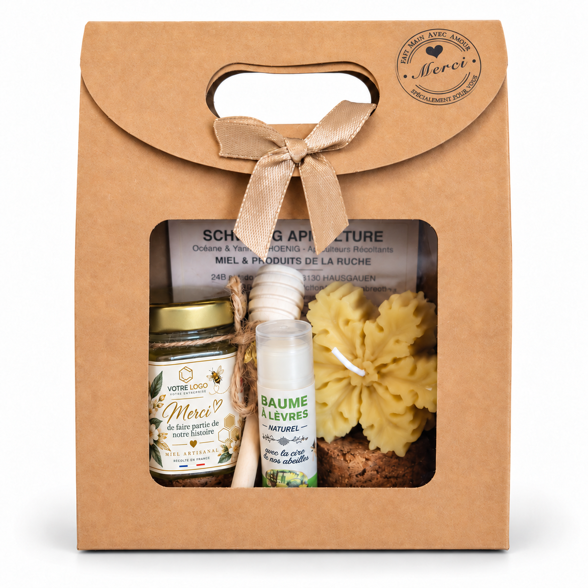 Coffret cadeau personnalisé avec pot de miel artisanal français, étiquette Merci, bougie flocon en cire d'abeille, baume à lèvres naturel et cuillère à miel en bois.
