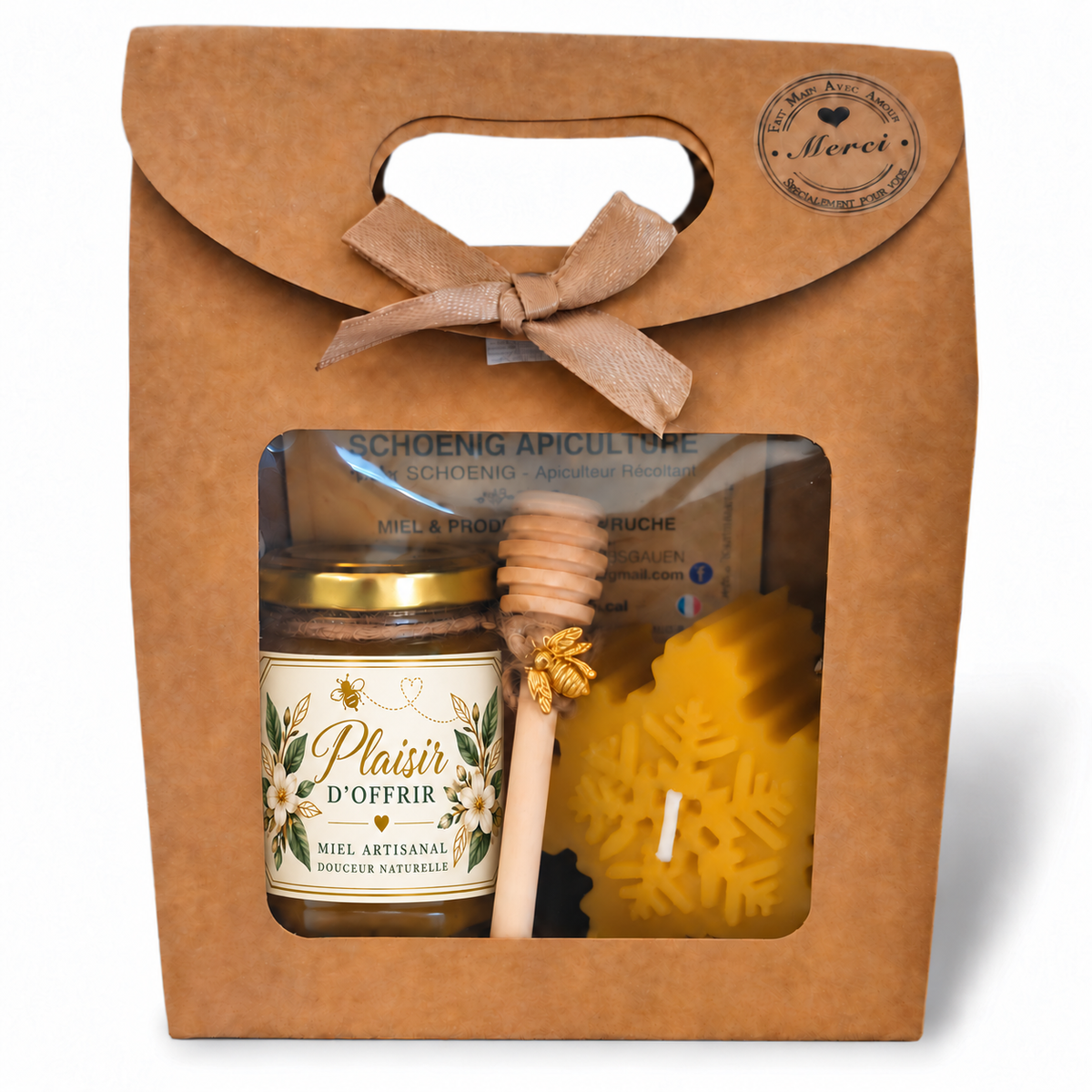 Coffret cadeau miel artisanal avec bougie flocon en cire d'abeille et message Plaisir d'offrir