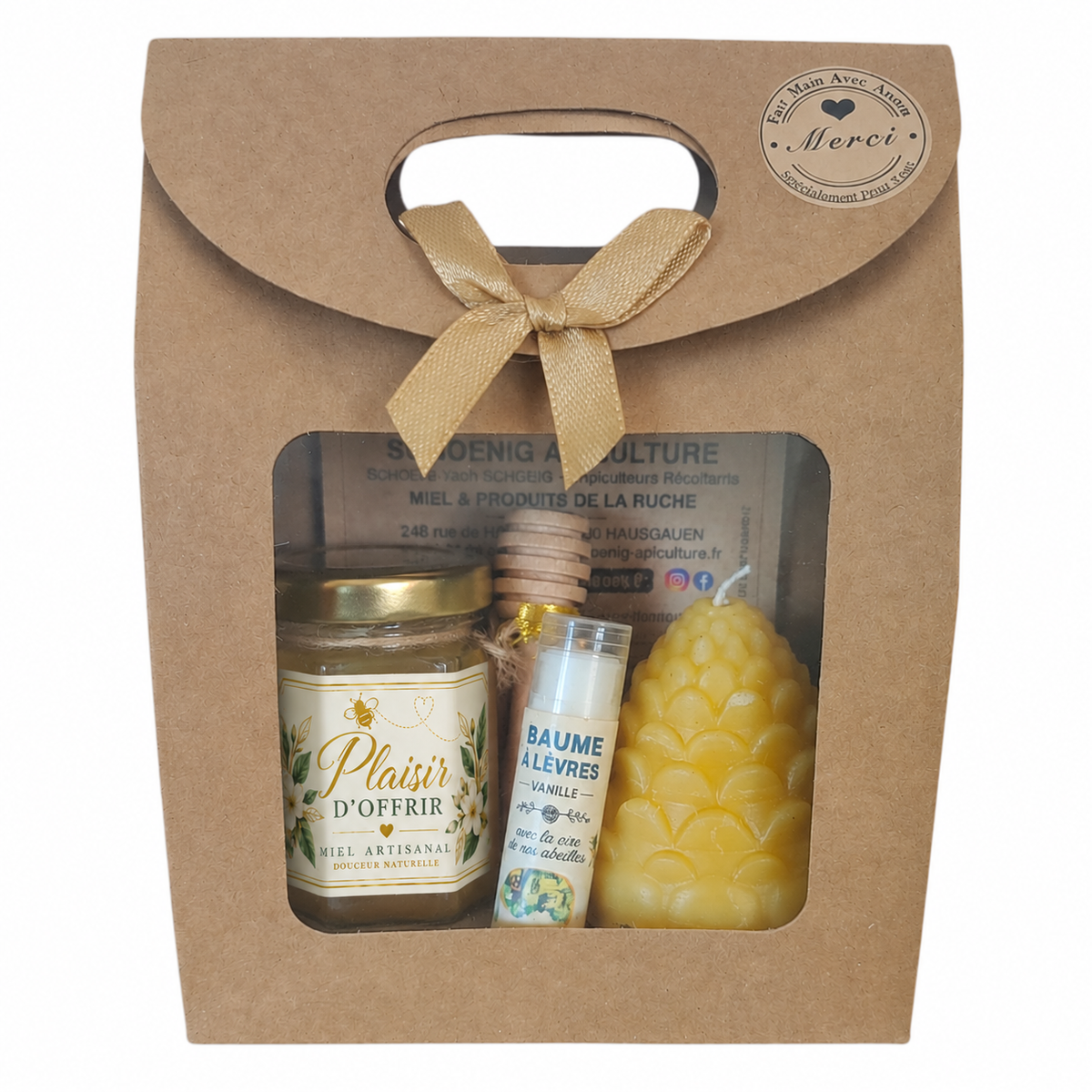 Coffret cadeau miel artisanal Plaisir d'offrir avec pot de miel hexagonal personnalisé, bougie en cire d'abeille et baume à lèvres naturel