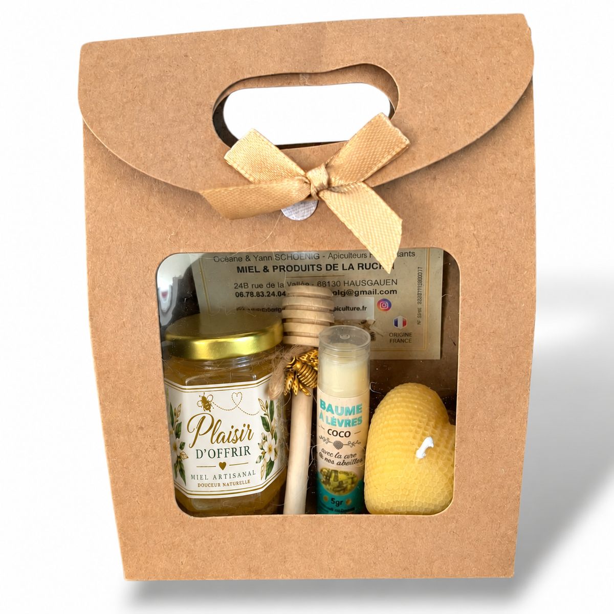 Coffret cadeau plaisir d'offrir avec pot de miel artisanal, baume à lèvres et bougie en cire d'abeille
