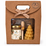 Coffret cadeau entreprise avec miel artisanal, bougie sapin en cire d’abeille et cuillère à miel