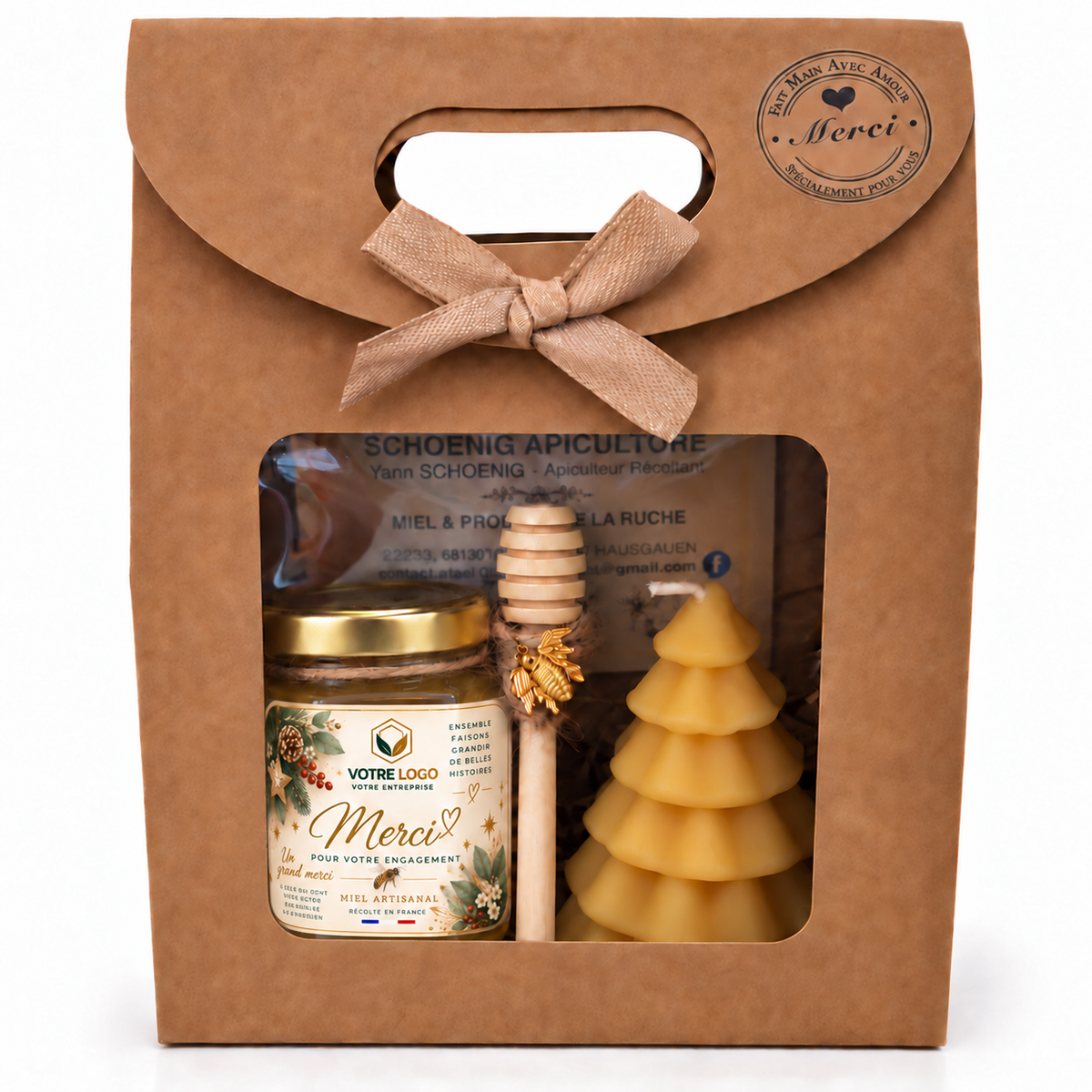 Coffret cadeau entreprise avec miel artisanal, bougie sapin en cire d’abeille et cuillère à miel