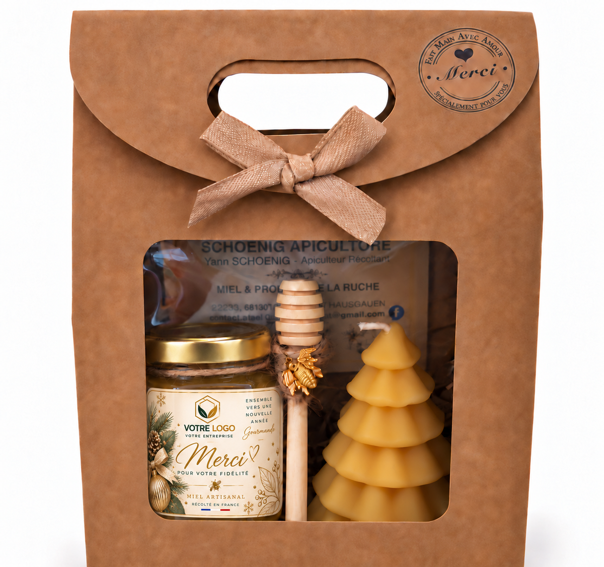 Coffret cadeau entreprise avec miel artisanal, bougie sapin en cire d'abeille et étiquette Merci pour votre fidélité