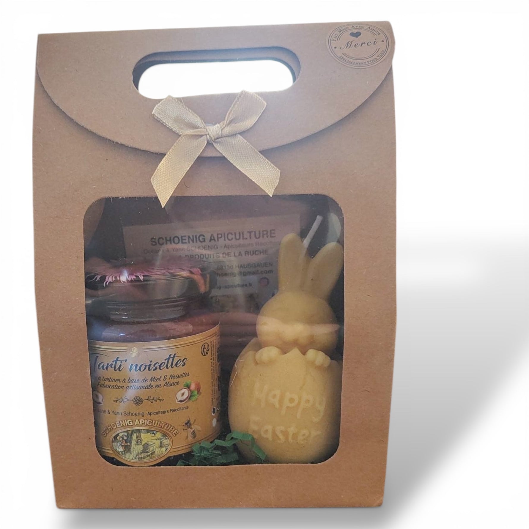 Coffret cadeau pâte a tartiner miel / noisettes et bougie en boîte kraft avec fenêtre transparente artisanal