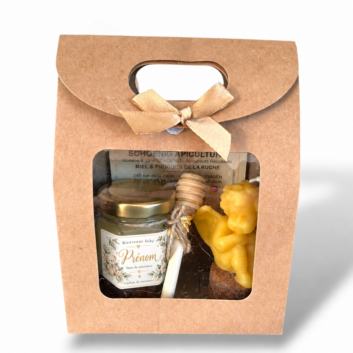 Coffret de naissance artisanal avec pot de miel personnalisé et bougie en forme d'ange
