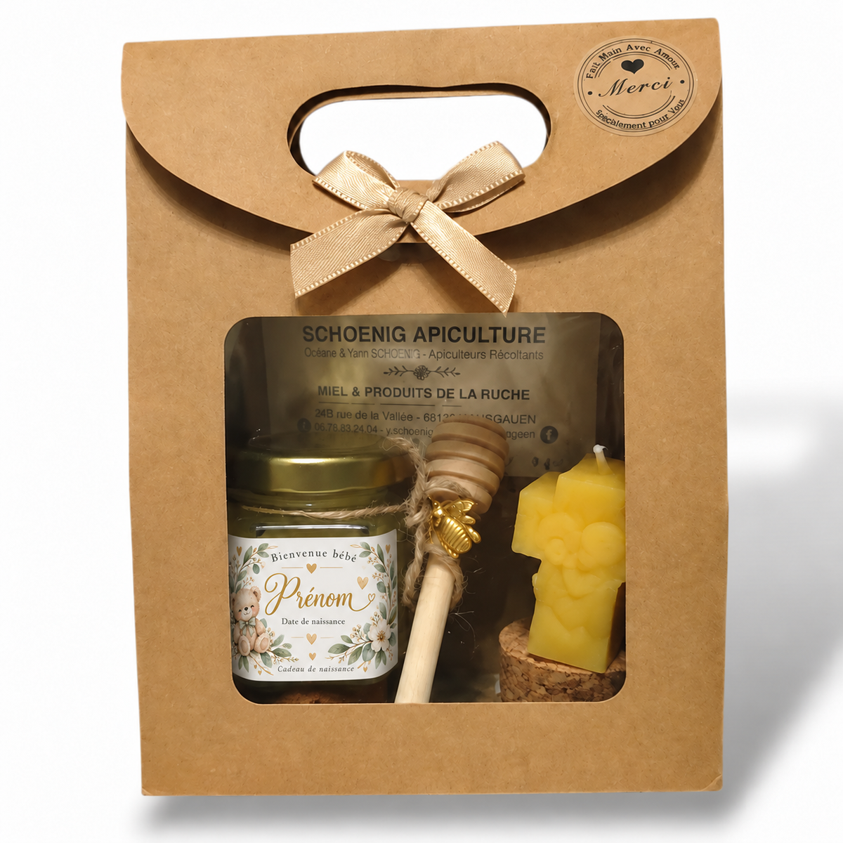 Coffret cadeau de naissance avec pot de miel personnalisé et bougie croix chrétienne