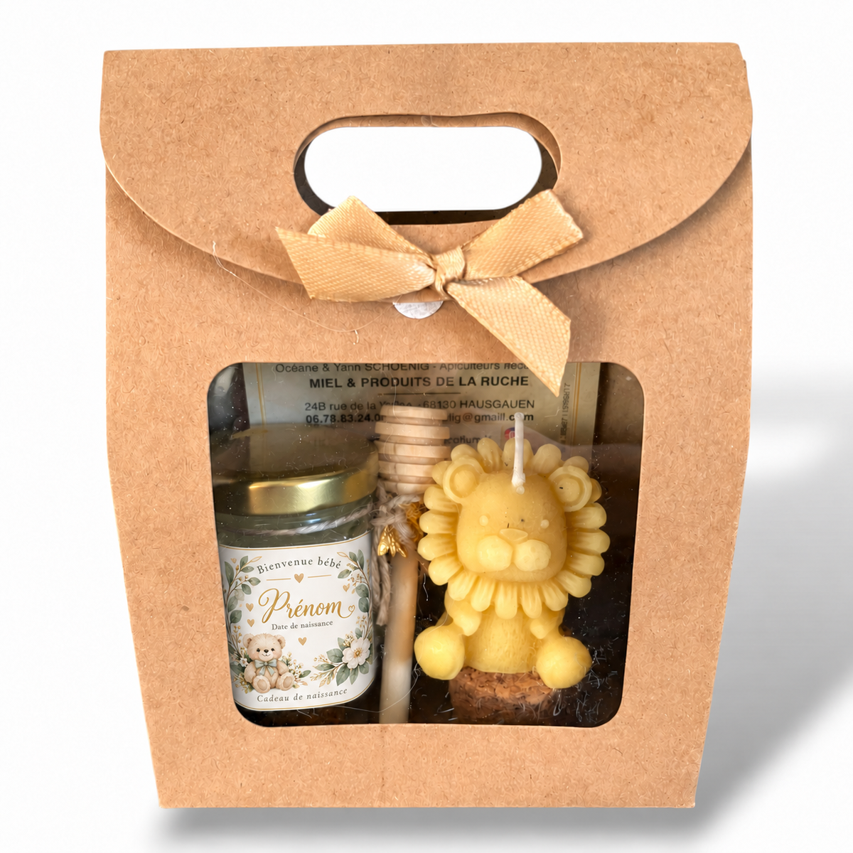 Coffret cadeau naissance avec pot de miel Bienvenue bébé personnalisé et bougie lionceau
