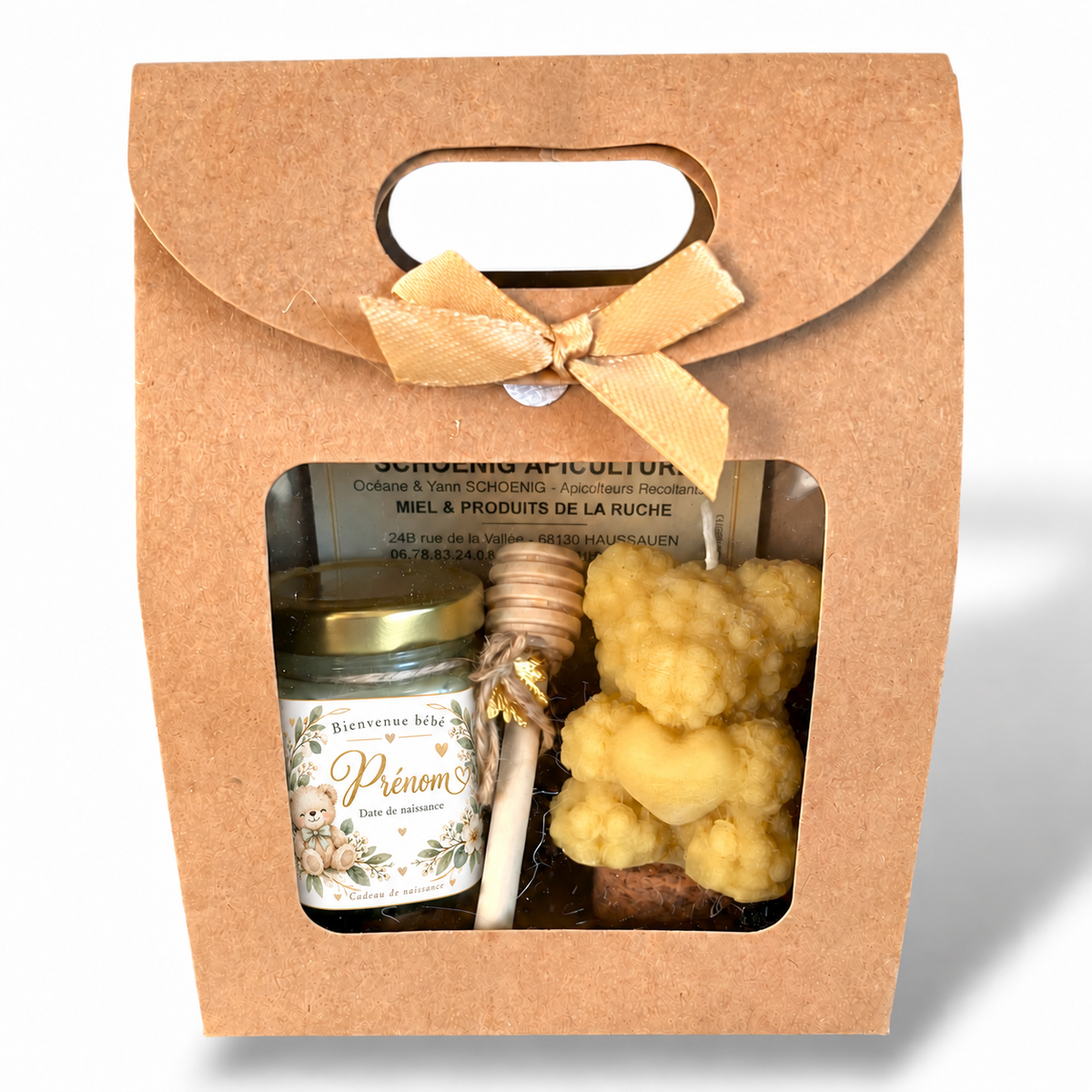 Coffret de naissance avec miel personnalisé et bougie artisanale ourson tenant un cœur