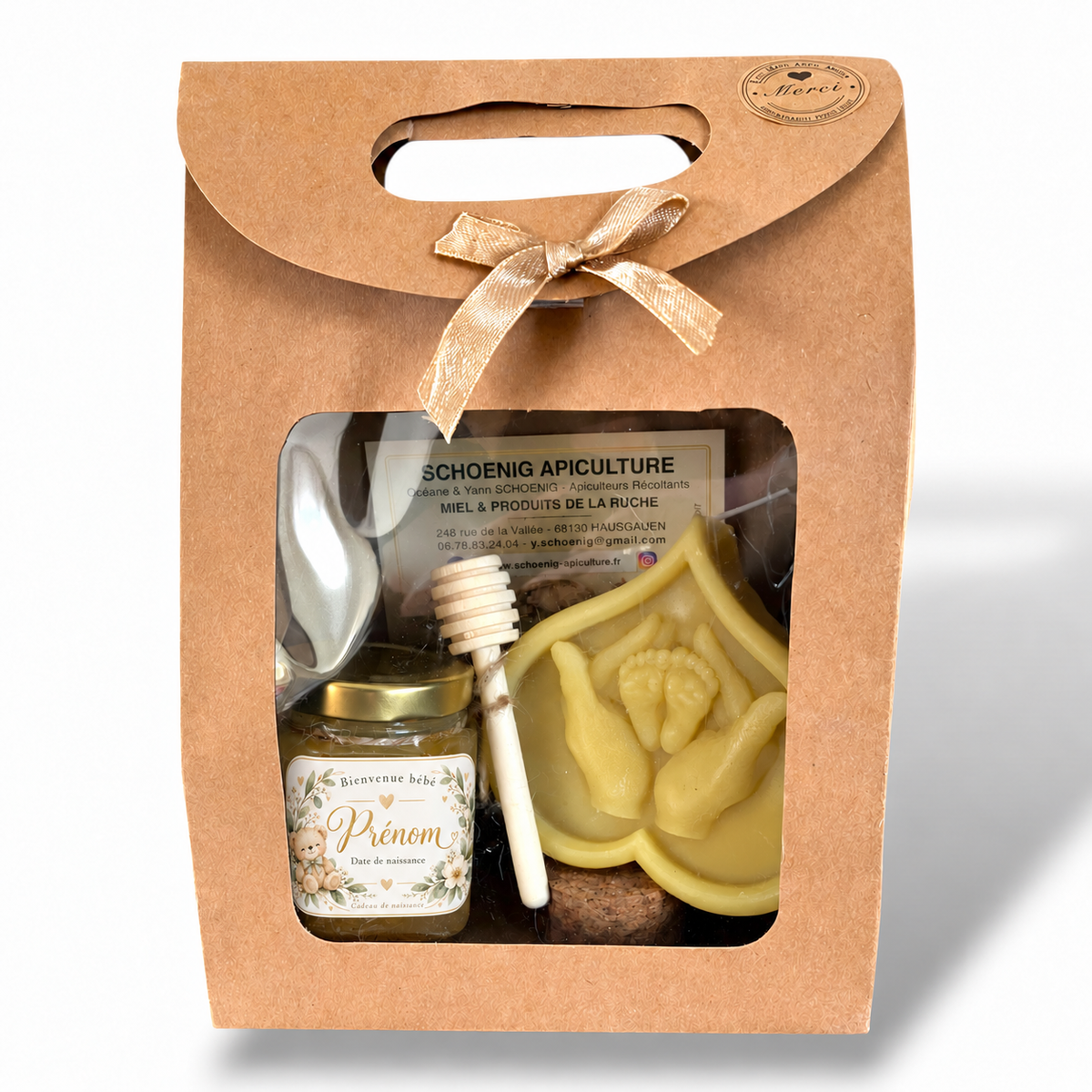 Coffret cadeau Bienvenue bébé avec miel personnalisé et bougie artisanale pieds de bébé