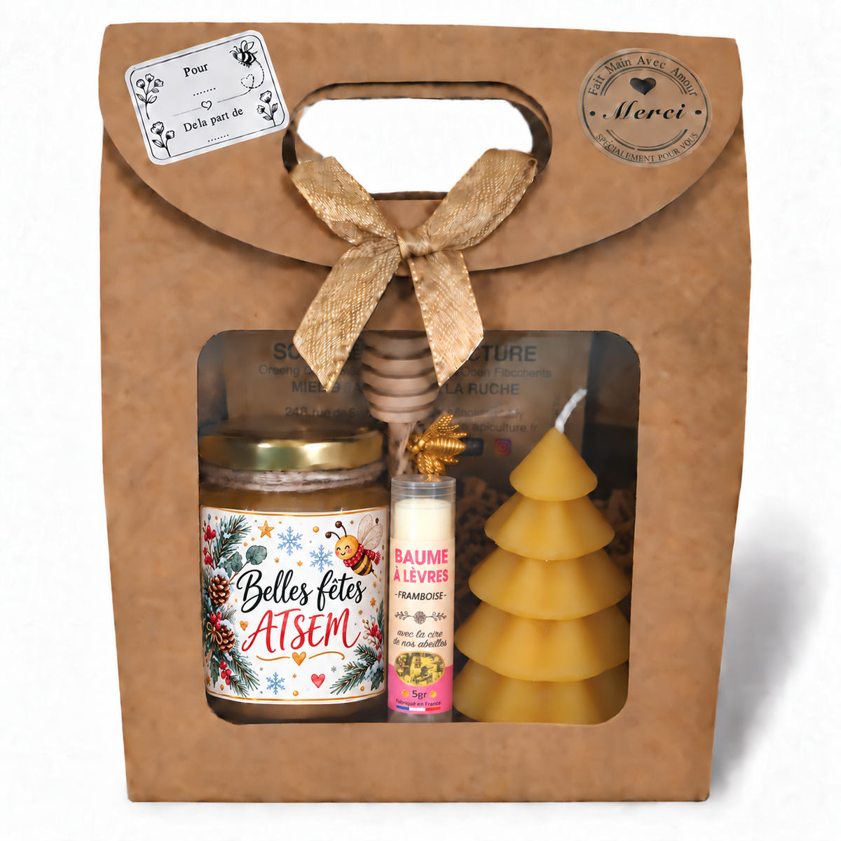 Coffret cadeau de Noël pour ATSEM avec miel personnalisé Belles Fêtes ATSEM, baume à lèvres et bougie sapin en cire d’abeille