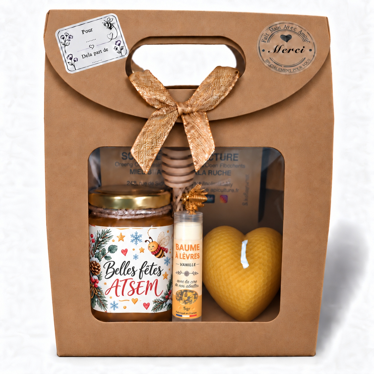 Coffret cadeau de Noël pour ATSEM avec miel personnalisé Belles Fêtes ATSEM, baume à lèvres vanille et bougie cœur artisanale