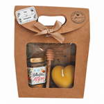 Coffret cadeau de Noël pour ATSEM avec miel personnalisé, bougie cœur gaufrée en cire d’abeille et étiquette cadeau
