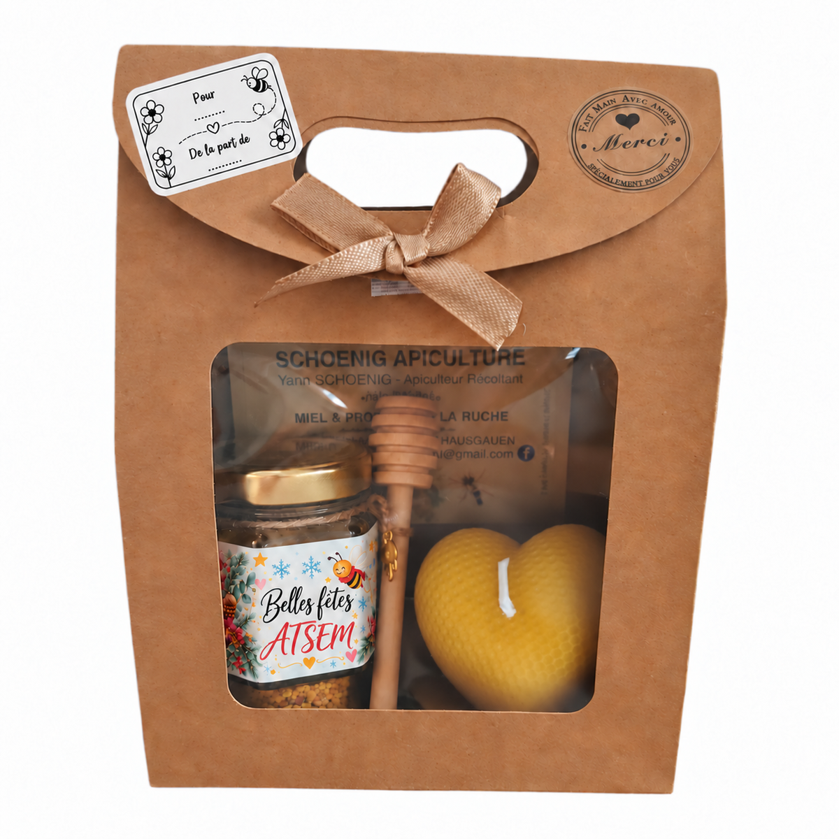 Coffret cadeau de Noël pour ATSEM avec miel personnalisé, bougie cœur gaufrée en cire d’abeille et étiquette cadeau