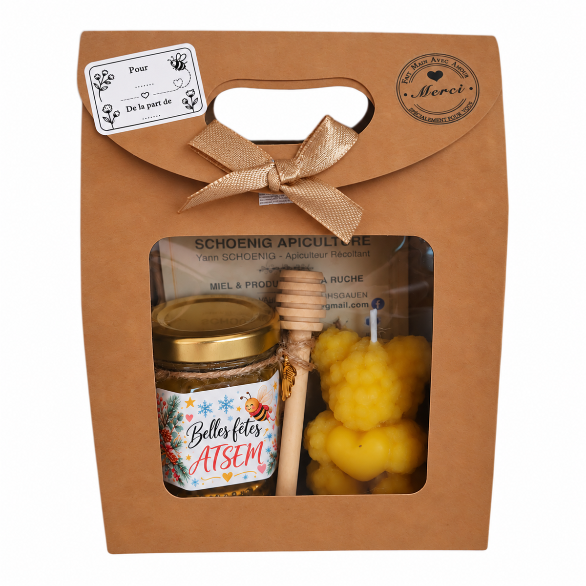Coffret cadeau de Noël pour ATSEM avec miel personnalisé, bougie ourson en cire d’abeille et étiquette cadeau