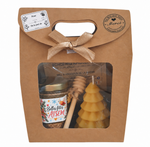 Coffret cadeau de Noël pour ATSEM avec miel personnalisé, bougie sapin en cire d’abeille et étiquette cadeau