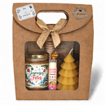 Coffret cadeau de Noël Belles Fêtes avec miel artisanal personnalisé, baume à lèvres et bougie sapin en cire d’abeille
