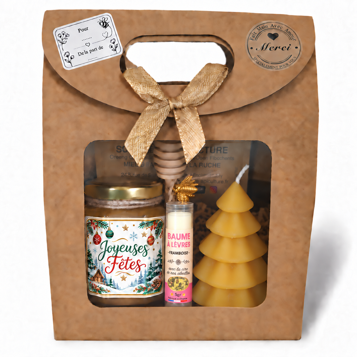 Coffret cadeau de Noël Belles Fêtes avec miel artisanal personnalisé, baume à lèvres et bougie sapin en cire d’abeille