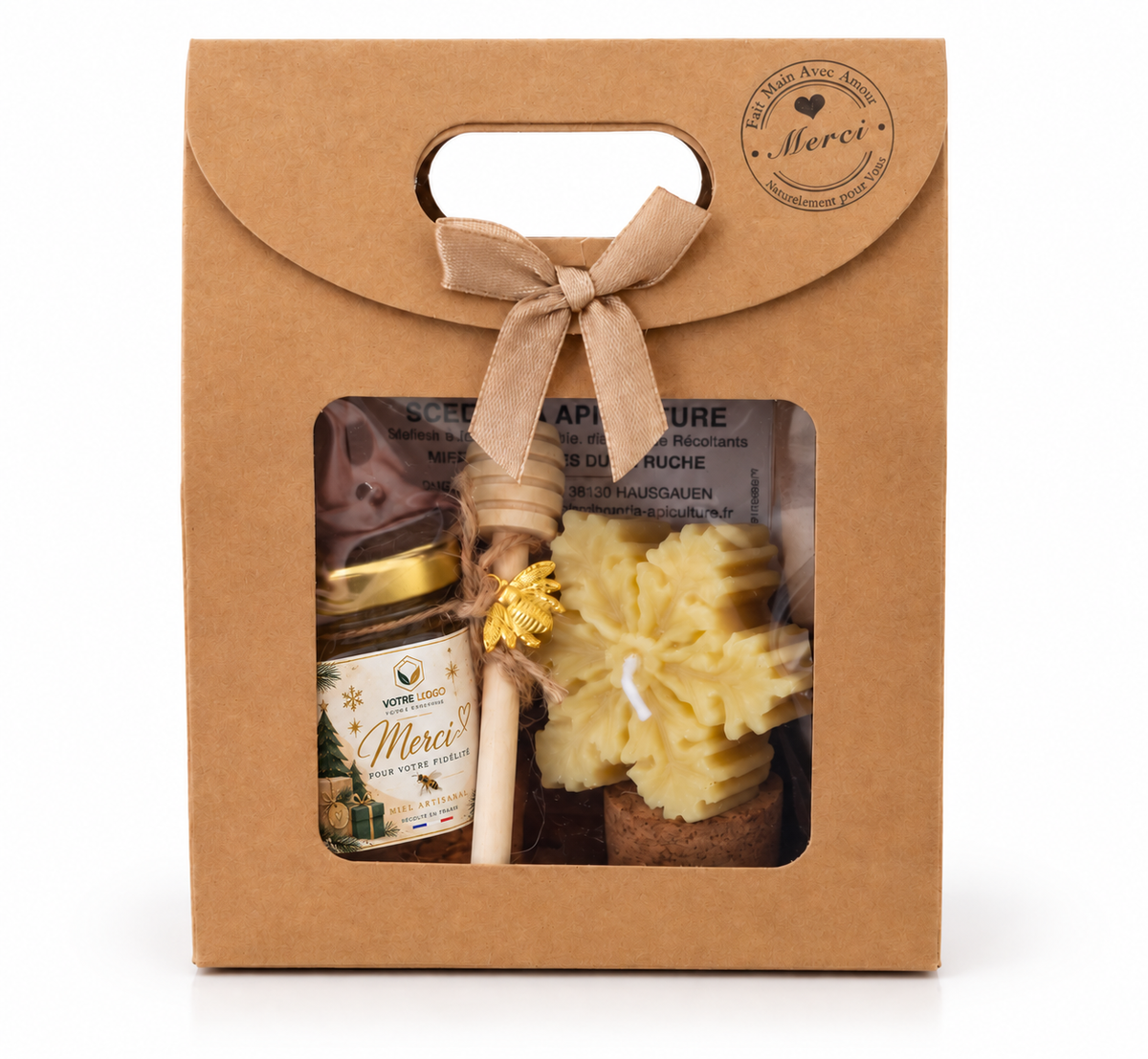 Coffret cadeau de Noël pour client d'entreprise avec miel personnalisé Merci pour votre fidélité et bougie artisanale en forme de flocon.