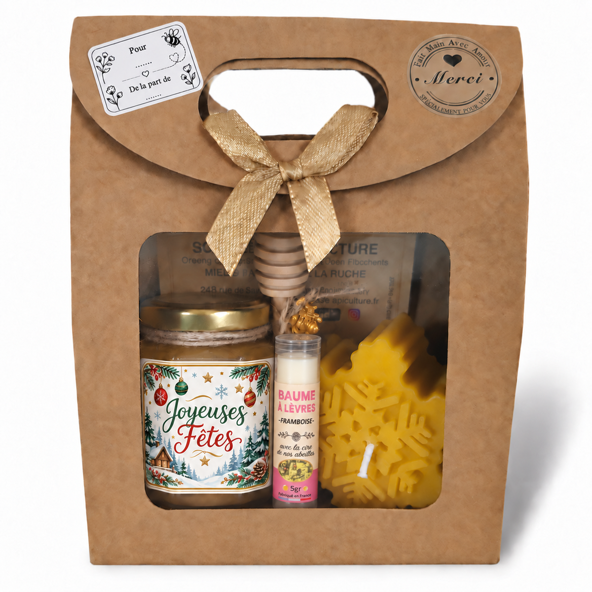 Coffret cadeau de Noël Joyeuses Fêtes avec miel artisanal, baume à lèvres à la cire d’abeille et bougie flocon