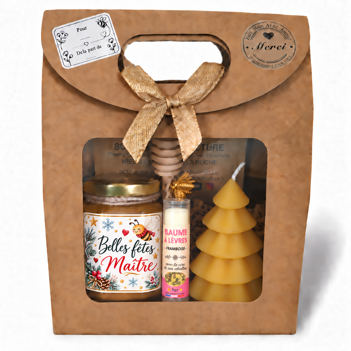 Coffret cadeau de Noël pour maître avec miel personnalisé Belles Fêtes Maître, baume à lèvres et bougie sapin en cire d’abeille