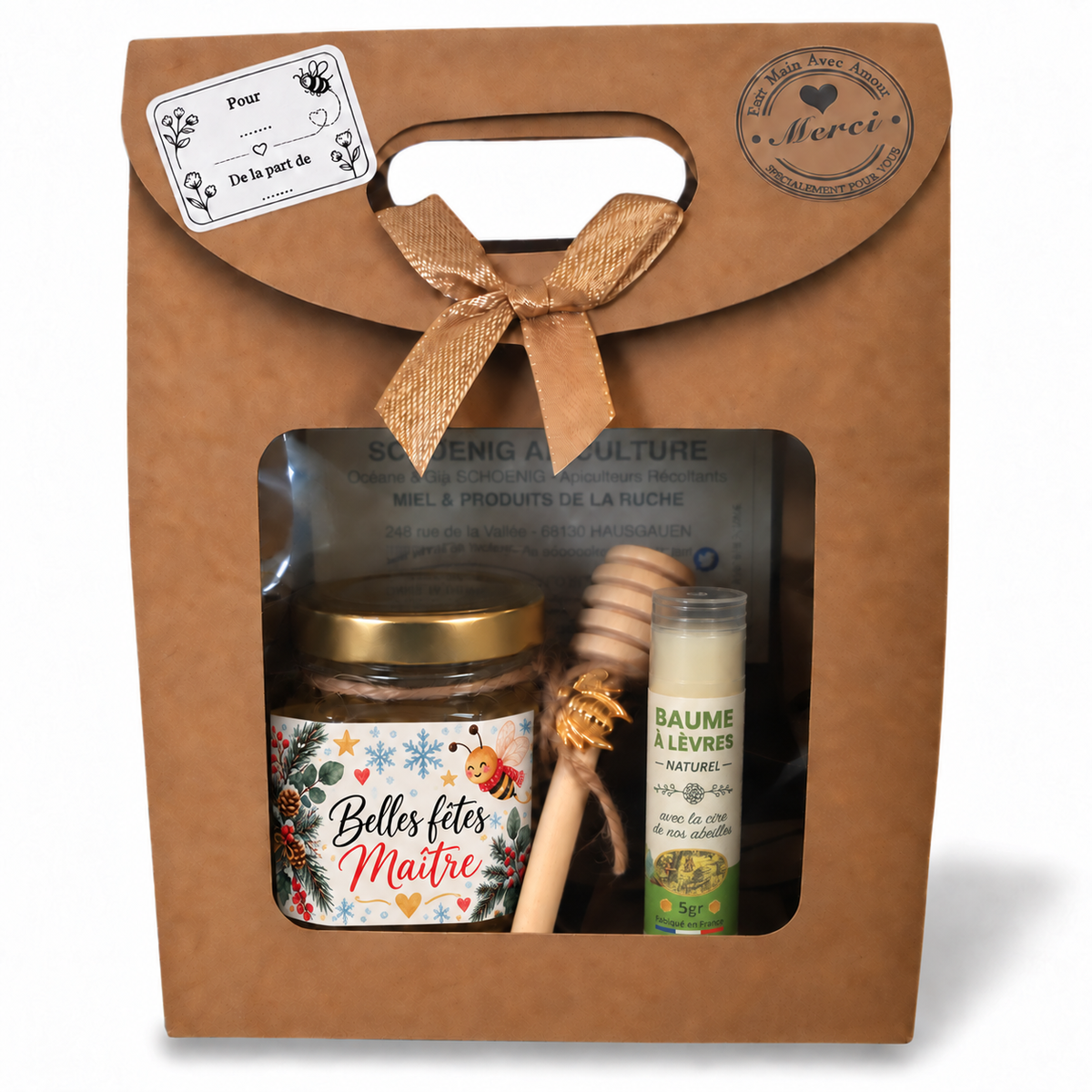 Cadeau de Noël pour maître d’école, coffret artisanal avec miel Belles fêtes Maître, cuillère en bois et baume à lèvres.