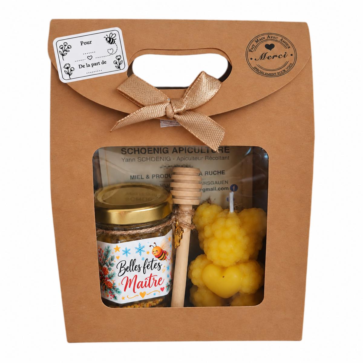Coffret cadeau de Noël pour maître avec pot de miel personnalisé, bougie ourson en cire d’abeille et étiquette Pour De la part de