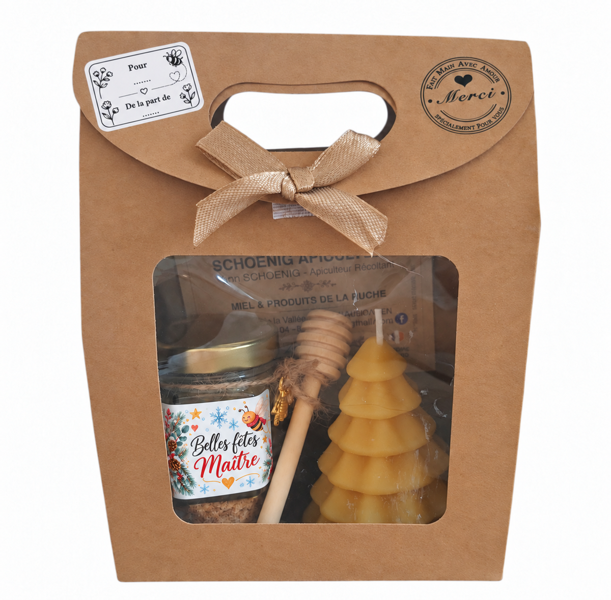 Coffret cadeau de Noël pour maître avec pot de miel personnalisé, bougie sapin en cire d’abeille et étiquette Pour De la part de