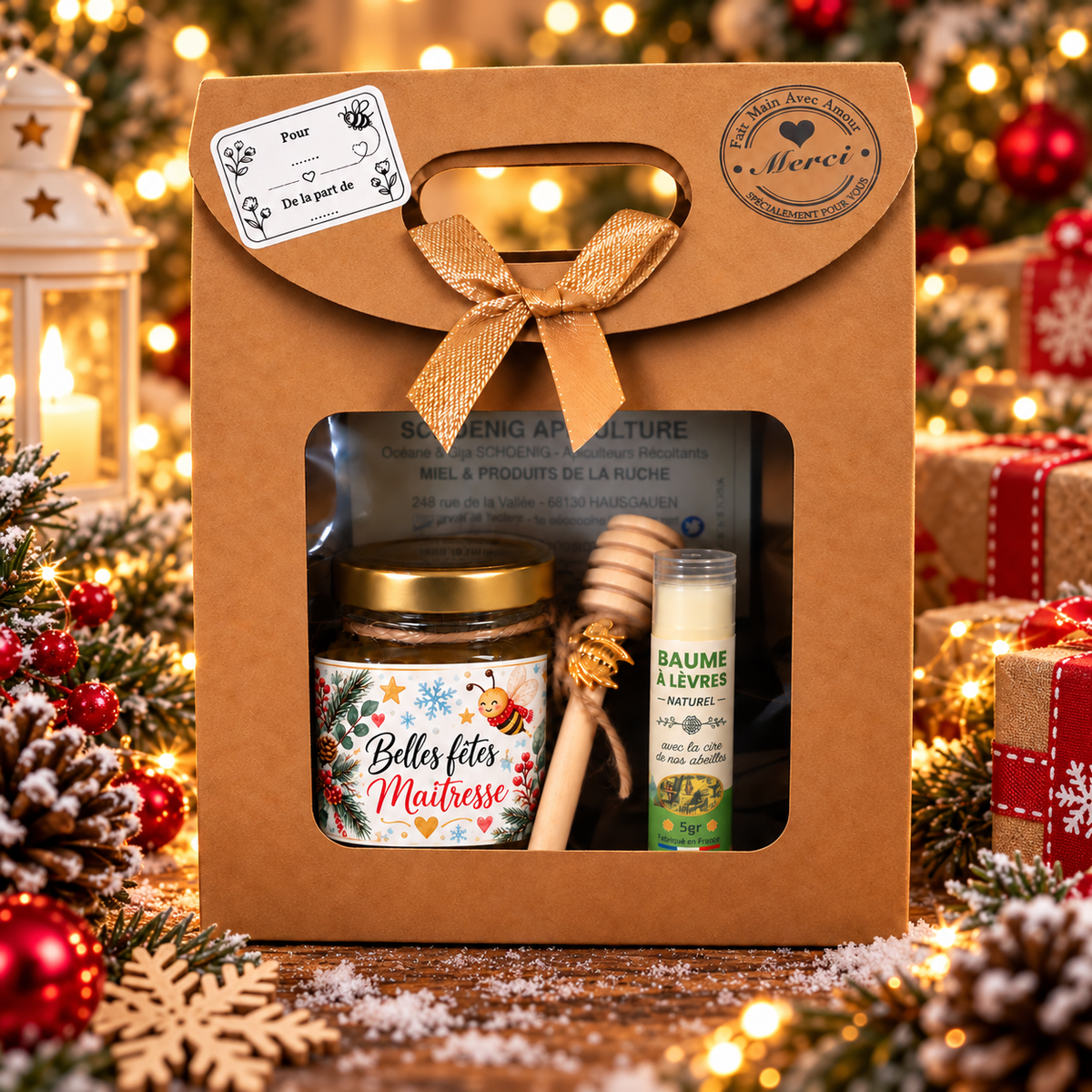 Coffret cadeau de Noël pour maîtresse avec miel, cuillère à miel et baume à lèvres, présenté dans un décor festif avec sapin, cadeaux et lumières dorées.
