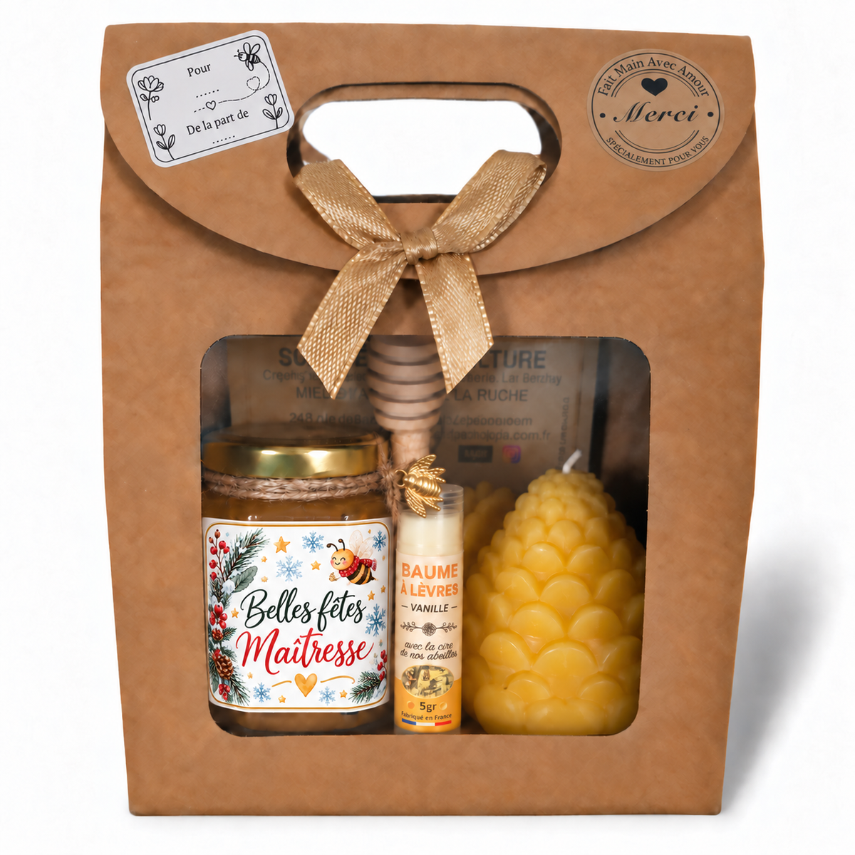 Cadeau de Noël Maîtresse avec miel artisanal, baume à lèvres et bougie en cire d’abeille