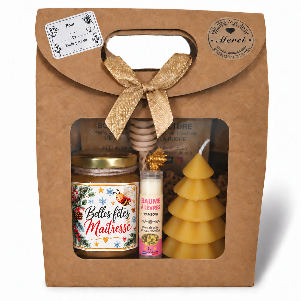 Coffret cadeau de Noël pour maîtresse avec miel personnalisé Belles Fêtes Maîtresse, baume à lèvres et bougie sapin en cire d’abeille