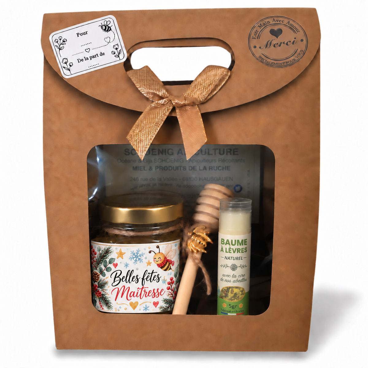 Coffret cadeau de Noël pour maîtresse avec pot de miel Belles fêtes Maîtresse, cuillère à miel et baume à lèvres naturel.