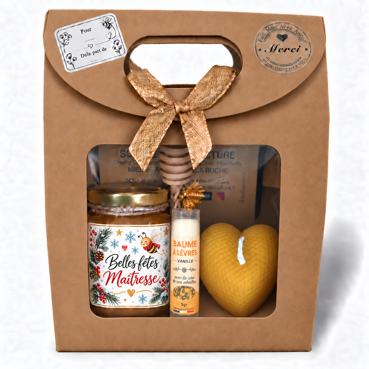 Coffret cadeau de Noël pour maîtresse avec miel personnalisé Belles Fêtes Maîtresse, baume à lèvres vanille et bougie cœur