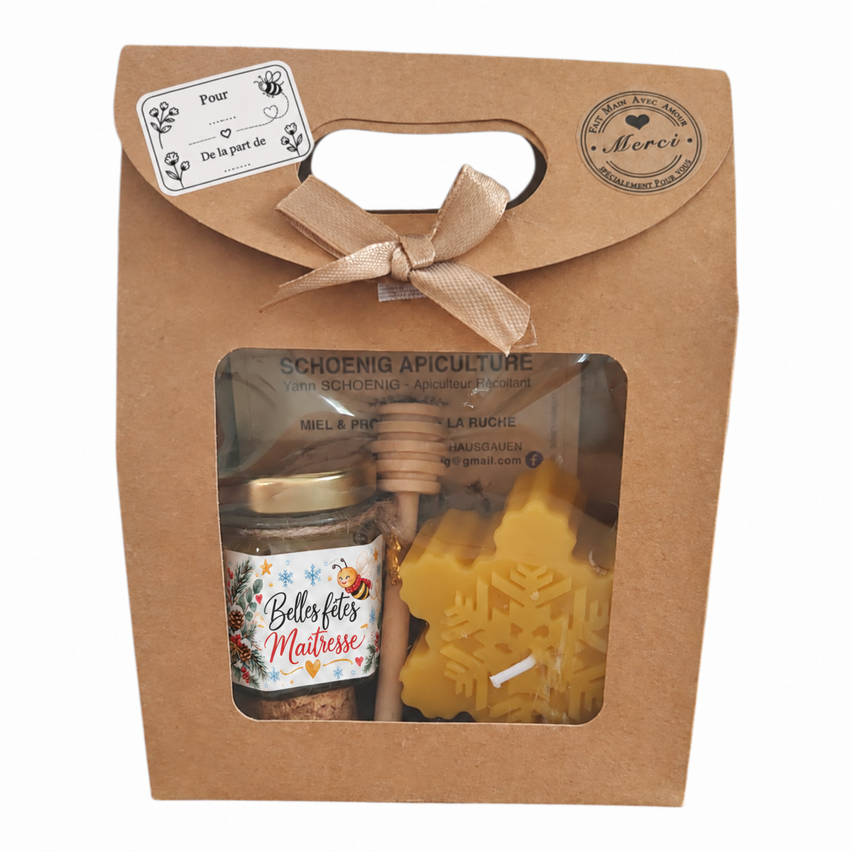 Coffret cadeau de Noël pour maîtresse avec pot de miel personnalisé et bougie flocon en cire d’abeille