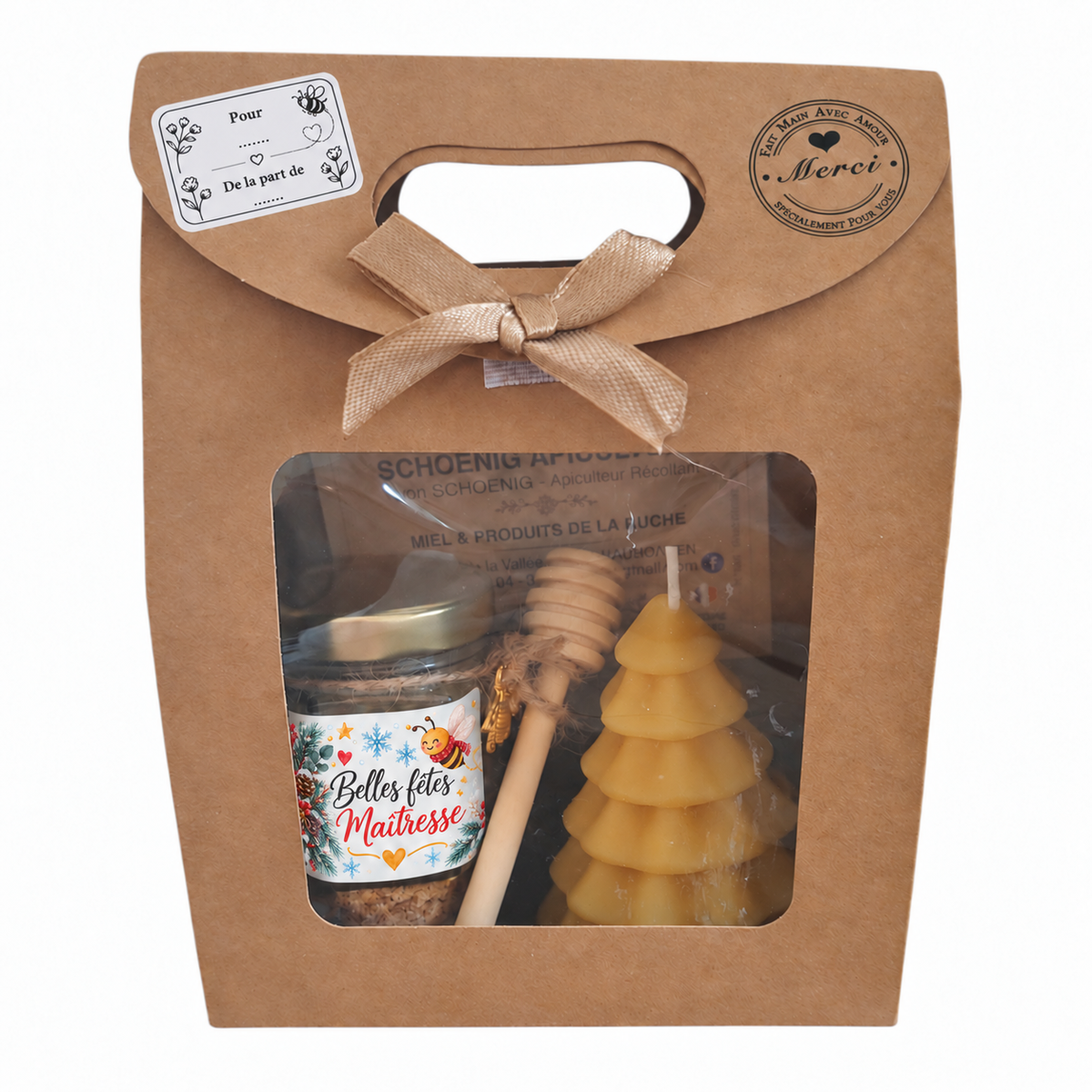 Coffret cadeau de Noël pour maîtresse avec miel personnalisé, bougie sapin en cire d’abeille et étiquette cadeau