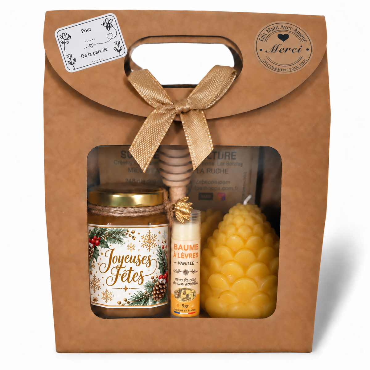 Coffret cadeau Noël avec miel artisanal, baume à lèvres et bougie en cire d’abeille – Joyeuses Fêtes