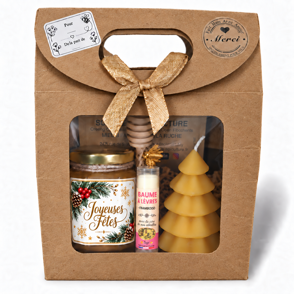 Coffret cadeau de Noël Joyeuses Fêtes avec miel artisanal, baume à lèvres à la cire d’abeille et bougie sapin