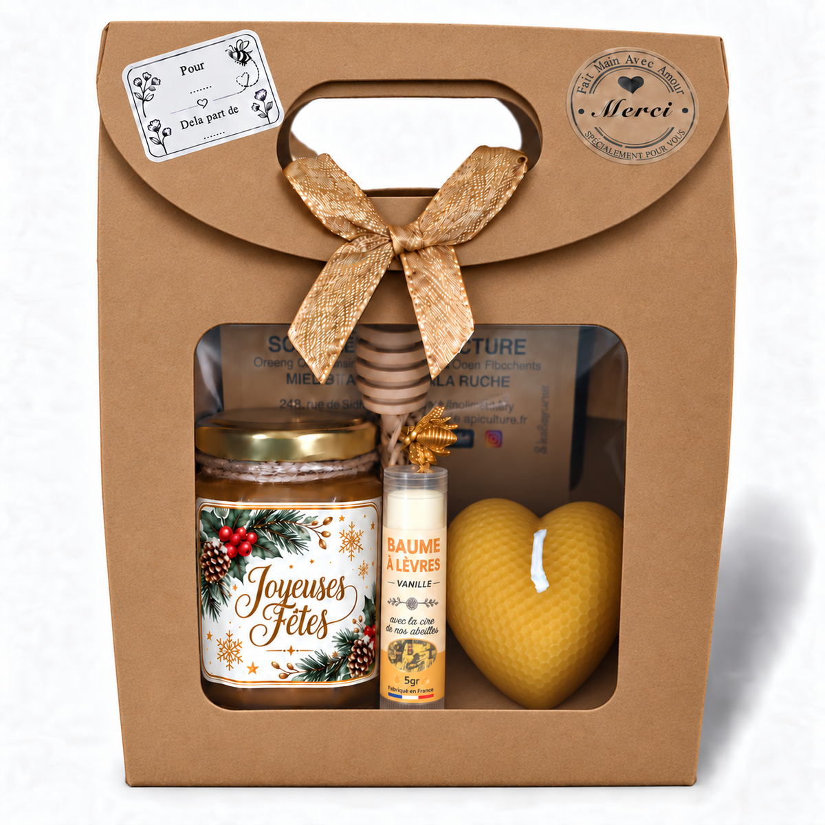 Coffret cadeau de Noël Joyeuses Fêtes avec pot de miel personnalisé, baume à lèvres vanille et bougie cœur artisanale