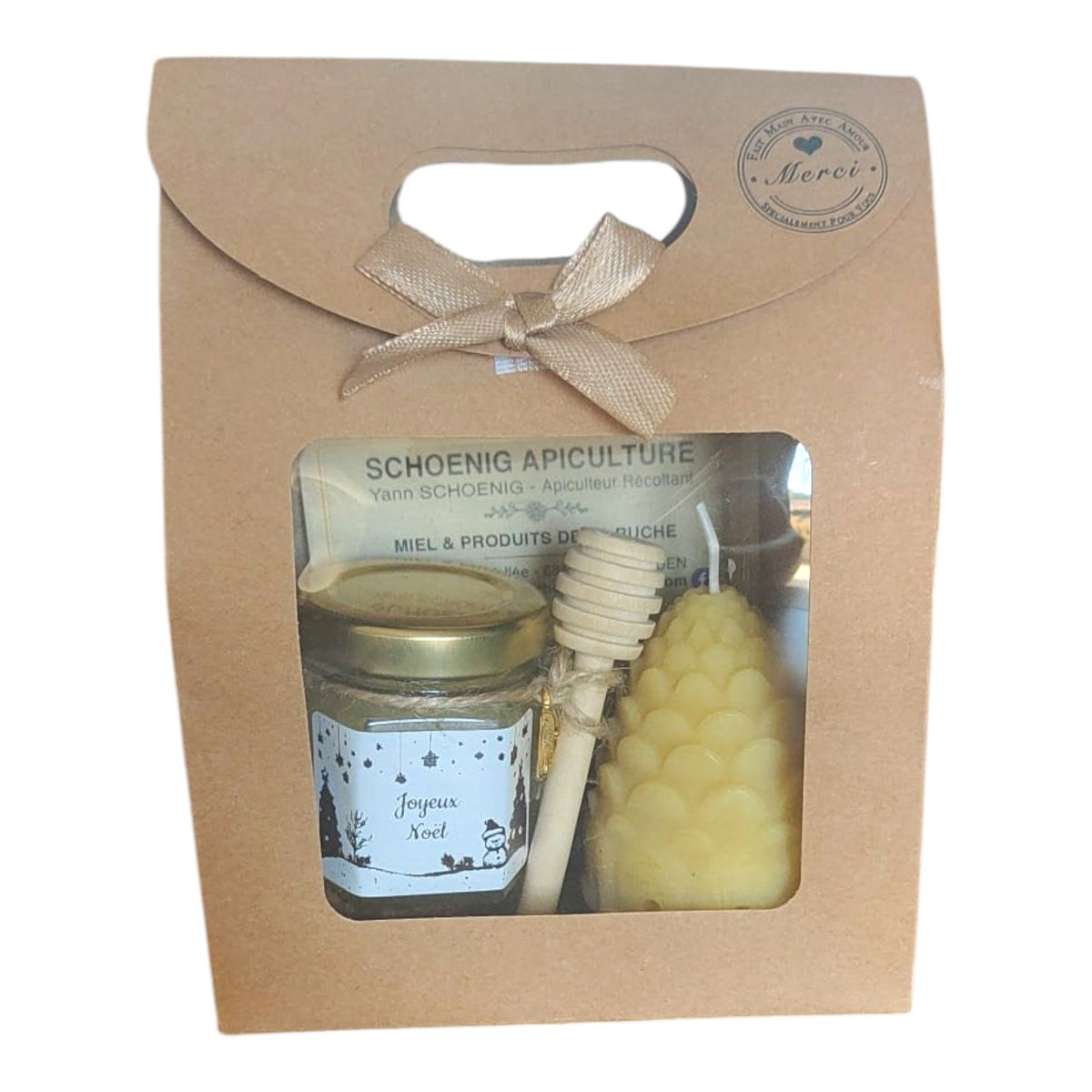 Coffret cadeau de Noël artisanal avec pot de miel de nos ruches, bougie en cire d'abeille en forme de sapin et cuillère à miel en bois.