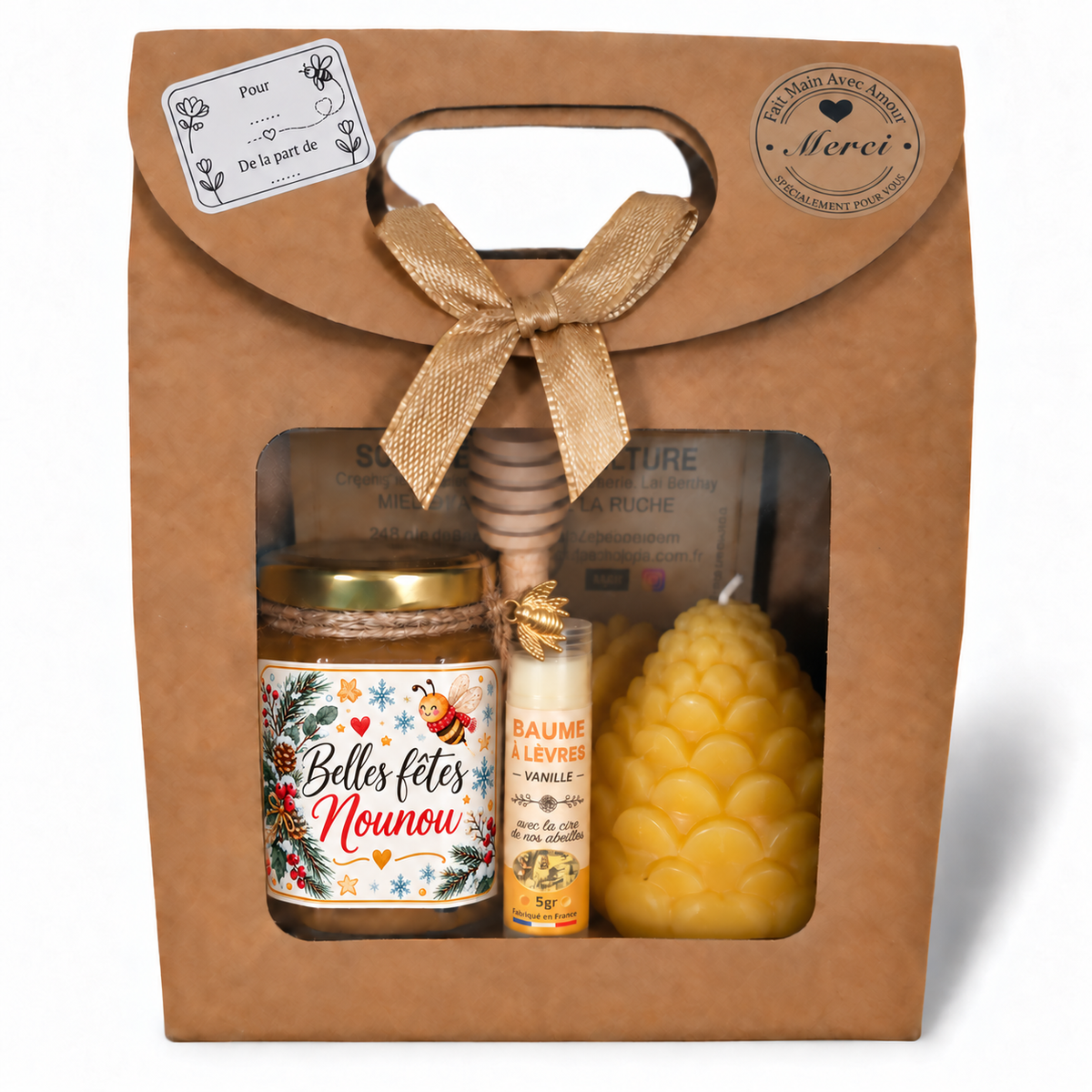 Cadeau de Noël Nounou avec pot de miel, baume à lèvres et bougie artisanale en cire d’abeille