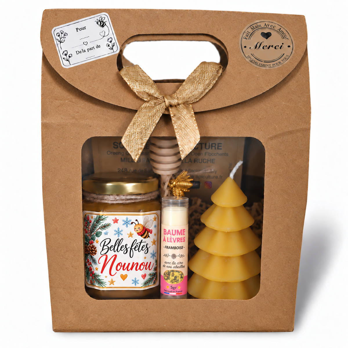 Coffret cadeau de Noël pour nounou avec miel personnalisé Belles Fêtes Nounou, baume à lèvres et bougie sapin en cire d’abeille