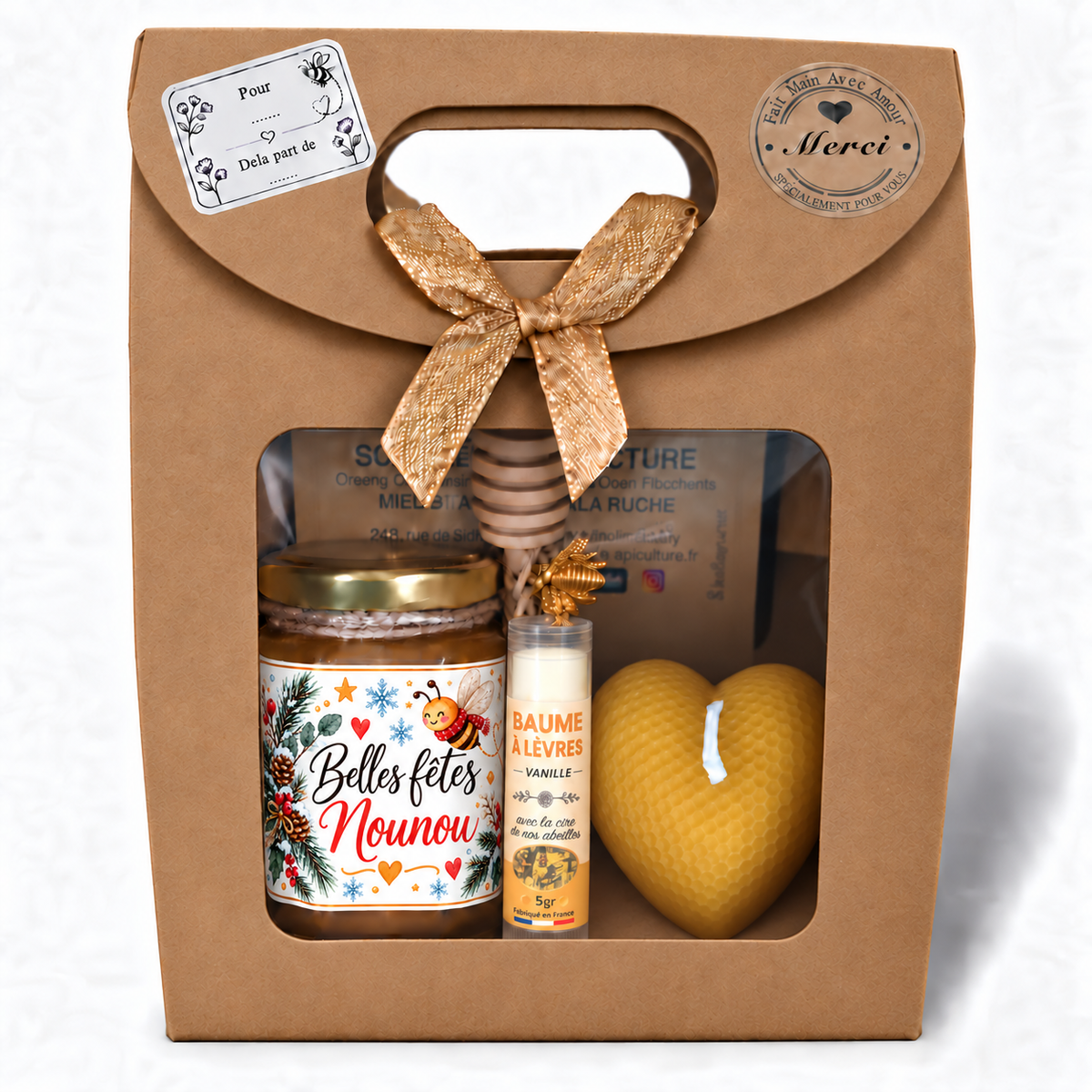 Coffret cadeau de Noël pour nounou avec miel personnalisé Belles Fêtes Nounou, baume à lèvres vanille et bougie cœur artisanale