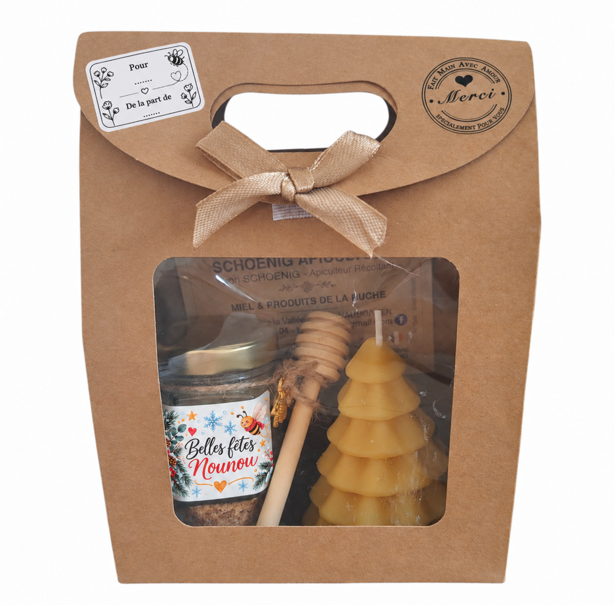 Coffret cadeau de Noël pour nounou avec miel personnalisé, bougie sapin en cire d’abeille et étiquette Pour De la part de