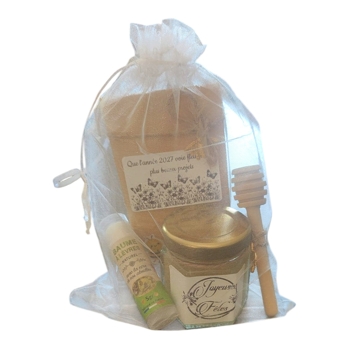 Coffret cadeau de Noël personnalisé avec mini pot de miel artisanal, baume à lèvres à la cire d'abeille, sachet de graines personnalisé « Que l'année 2027 voie fleurir de beaux projets » et cuillère à miel en bois.