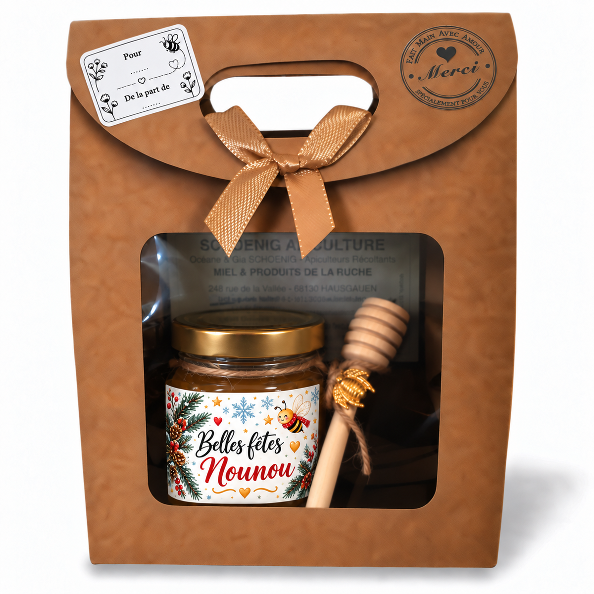 Coffret cadeau Nounou fin d’année avec miel artisanal personnalisé et cuillère à miel