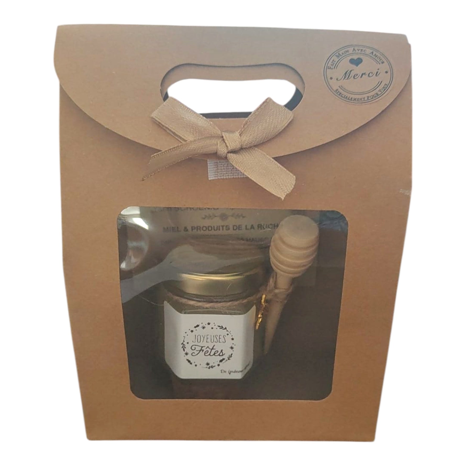Coffret cadeau personnalisé Joyeuses Fêtes avec mini pot de miel artisanal, cuillère à miel en bois et breloque abeille, cadeau de Noël et de fin d'année.