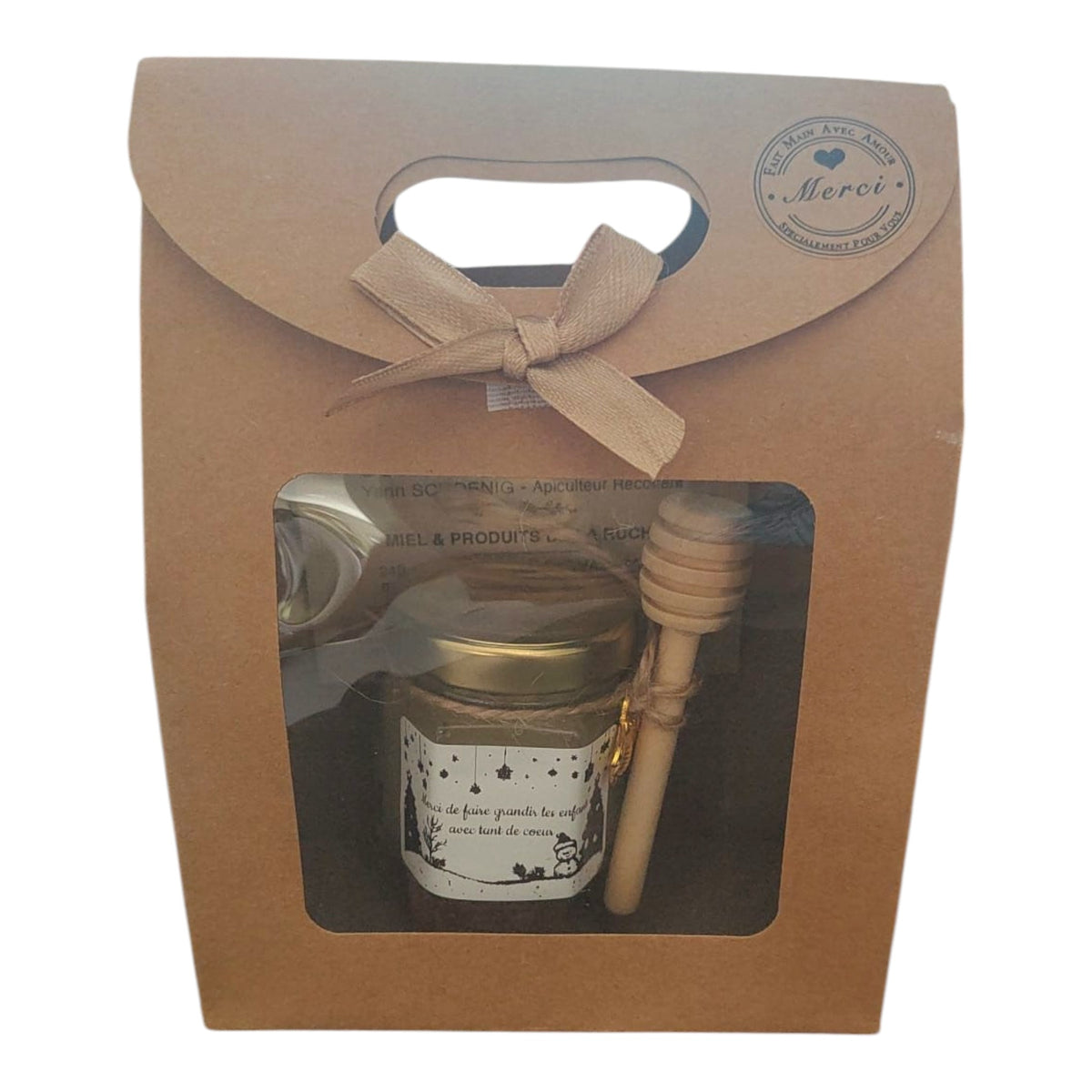 Coffret cadeau personnalisé pour maîtresse, ATSEM ou nounou avec mini pot de miel artisanal, cuillère à miel en bois et étiquette personnalisée.