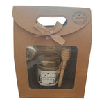 Coffret cadeau personnalisé pour maîtresse, ATSEM ou nounou avec mini pot de miel artisanal, cuillère à miel en bois et étiquette personnalisée.